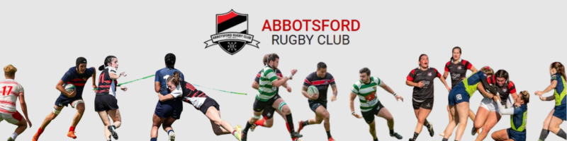 Logo of Abbotsford Rugby Club with a graphic of rugby players in action on a gray background.